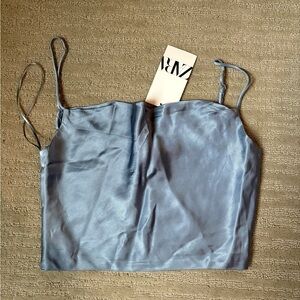 Zara Satin Scoop Neck Crop Top in Light Blue